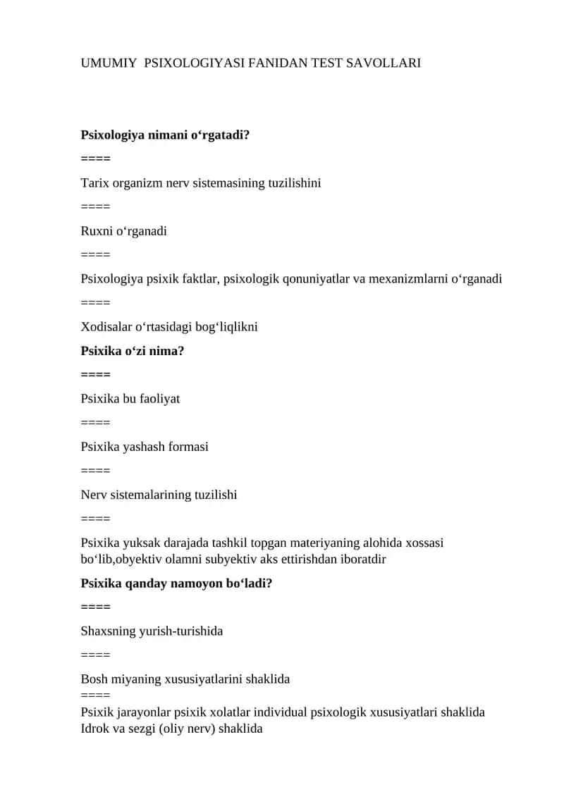 UMUMIY PSIXOLOGIYASI FANIDAN TEST SAVOLLARI
