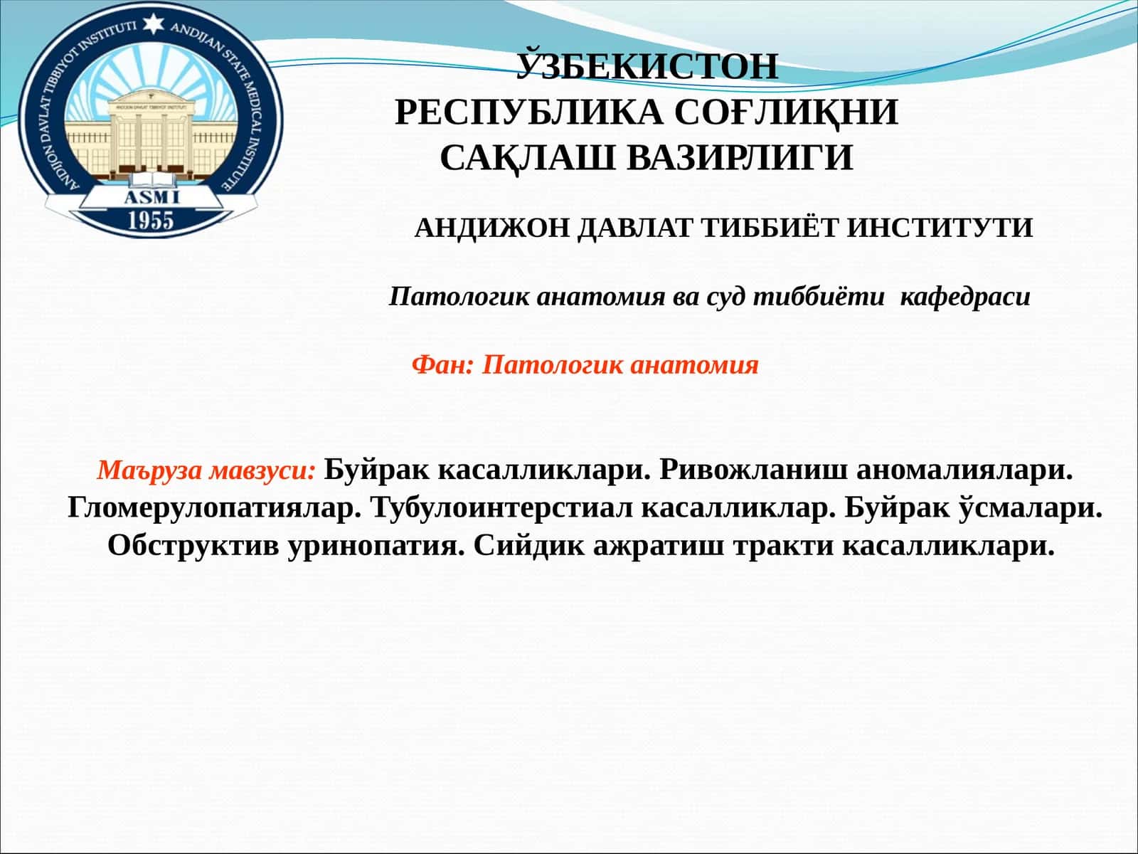 Буйракка салликлари. Ривожланишаномалиялари. Гломерулопатиялар. Тубулоинтерстиалкасалликлар. Буйракўсмалари. Обструктивуринопатия. Сийдикажратиштрактикасалликлари
