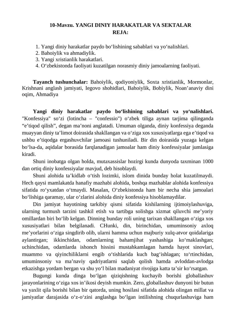 YANGI DINIY HARAKATLAR VA SEKTALAR