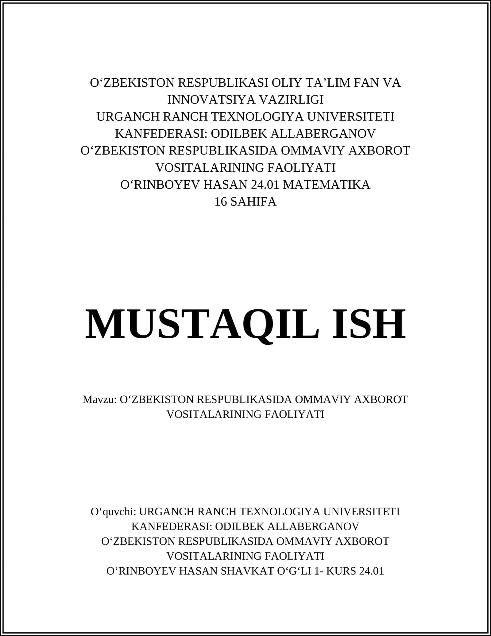 O‘ZBEKISTON RESPUBLIKASIDA OMMAVIY AXBOROT VOSITALARINING FAOLIYATI