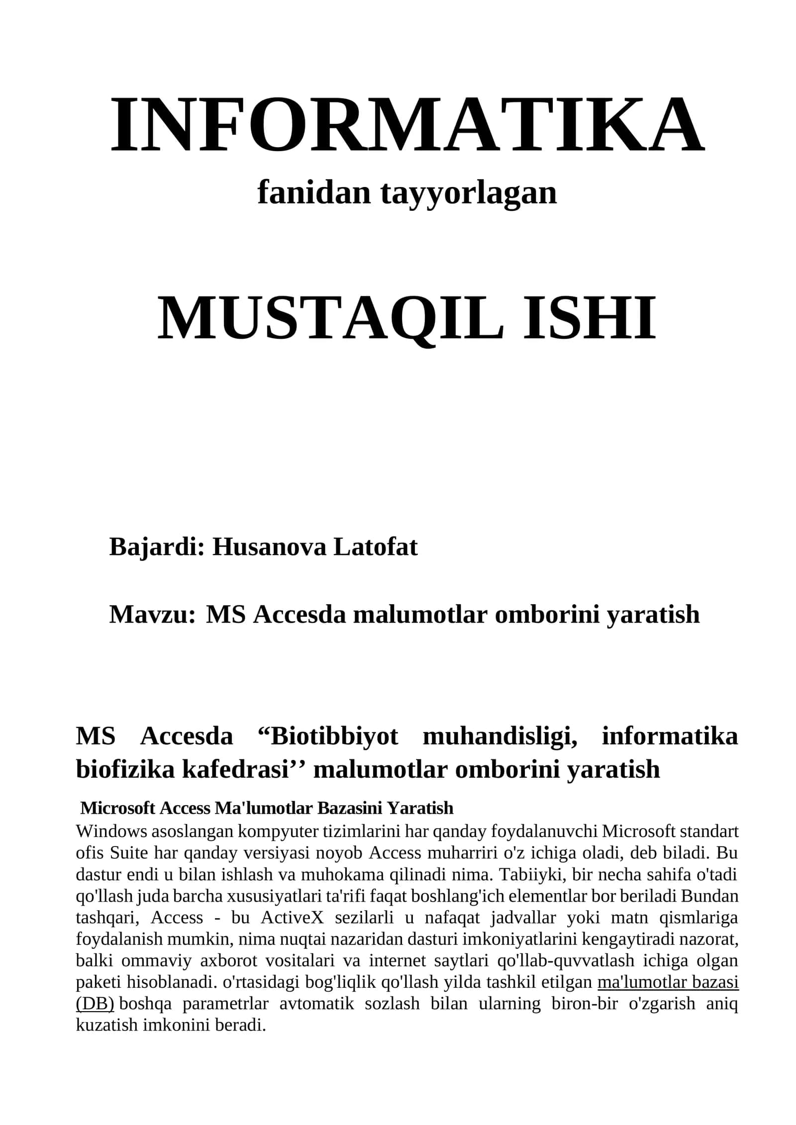 MS Accesda malumotlar omborini yaratish