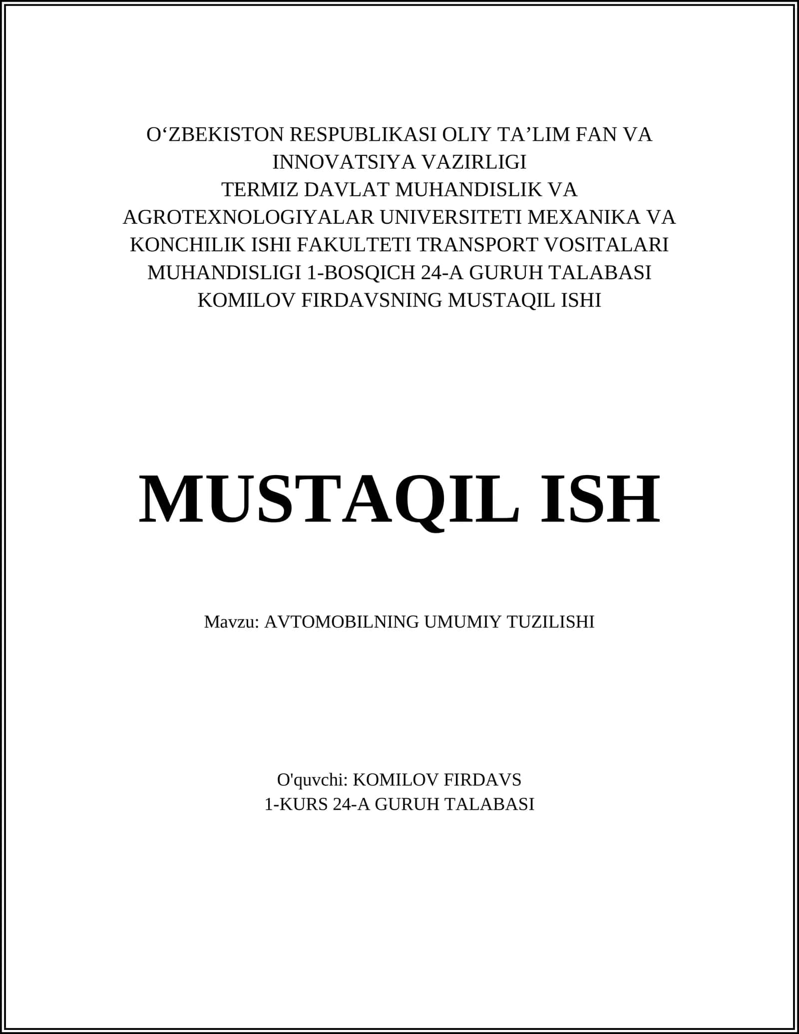 AVTOMOBILNING UMUMIY TUZILISHI