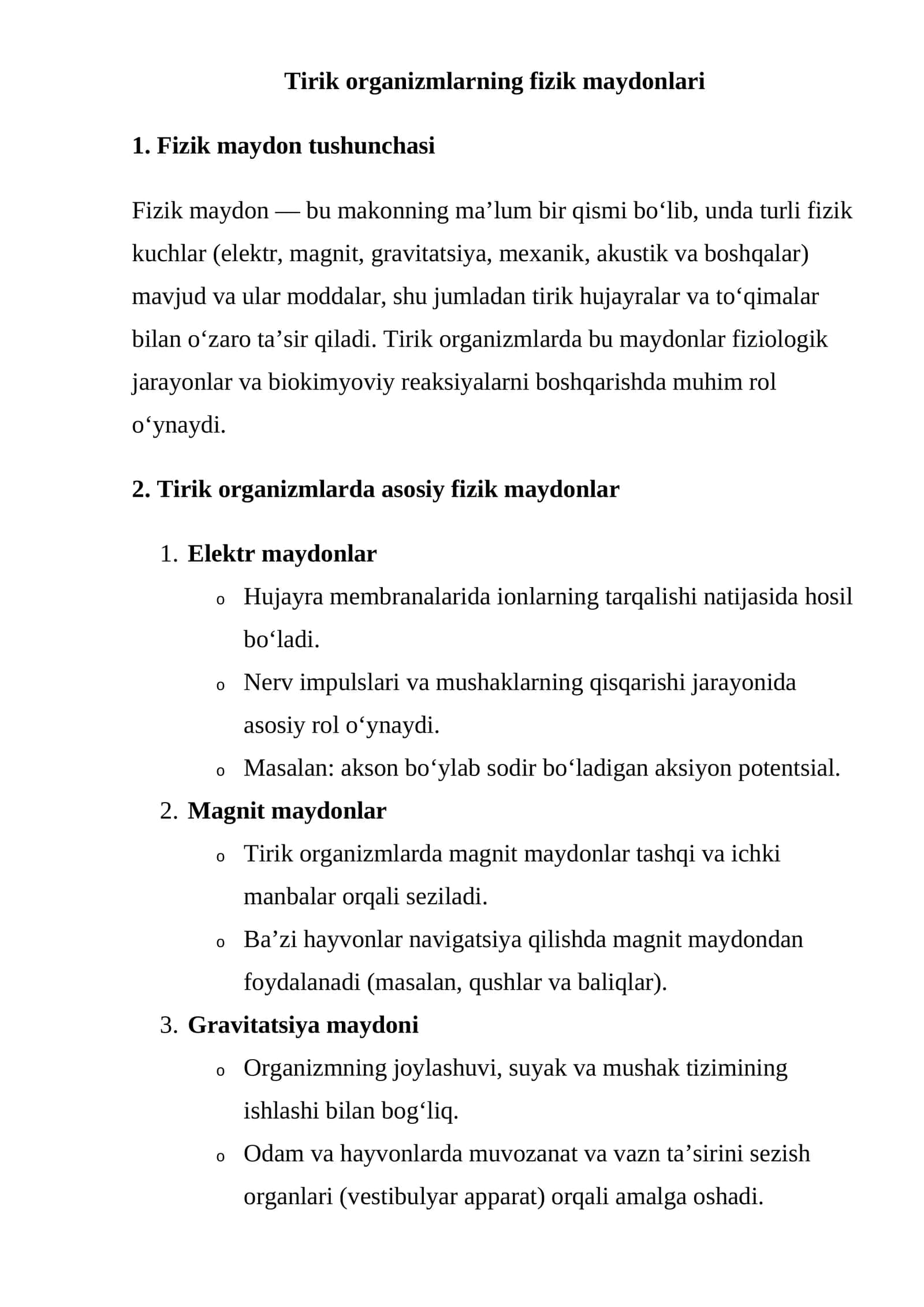 Tirik organizmlarning fizik maydonlari