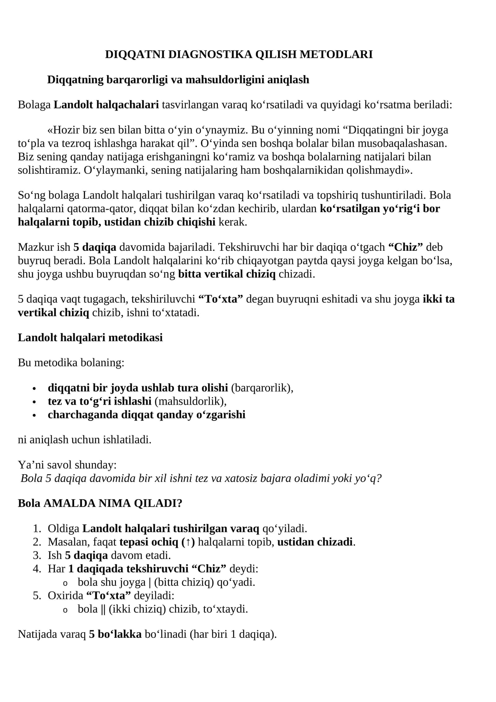 Diqqatni Diagnostika Qilish Metodlari