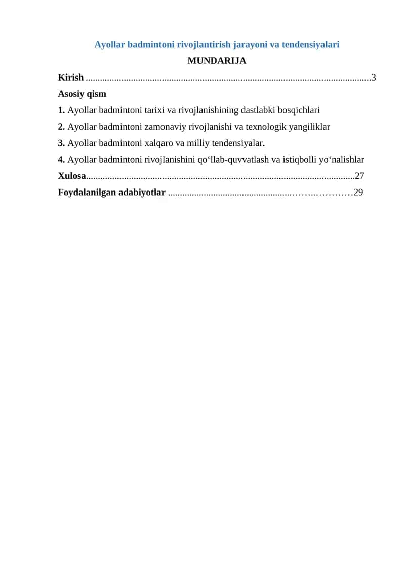 Ayollar badmintoni rivojlantirish jarayoni va tendensiyalari
