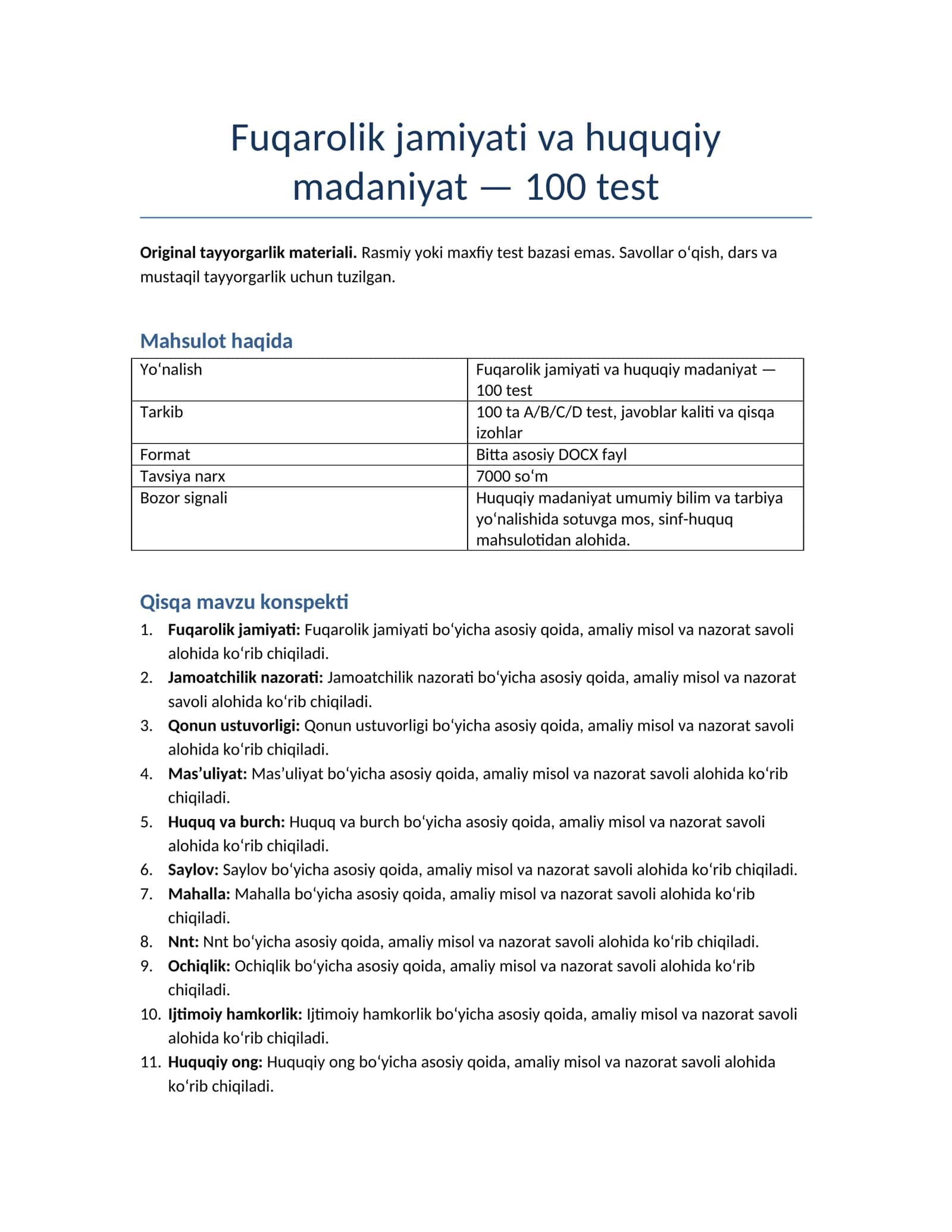 Fuqarolik jamiyati va huquqiy madaniyat — 100 test