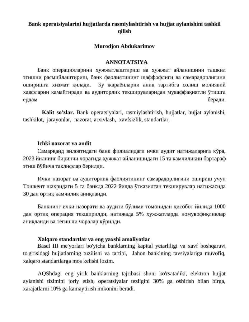 Банк операцияларини ҳужжатлаштириш ва ҳужжат айланишини ташкил қилиш