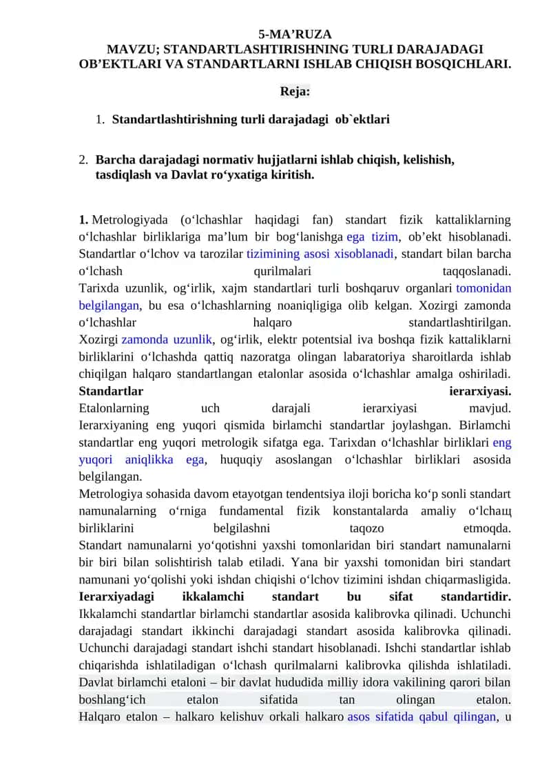 Standartlashtirishning turli darajadagi ob'ektlari va standartlarni ishlab chiqish bosqichlari