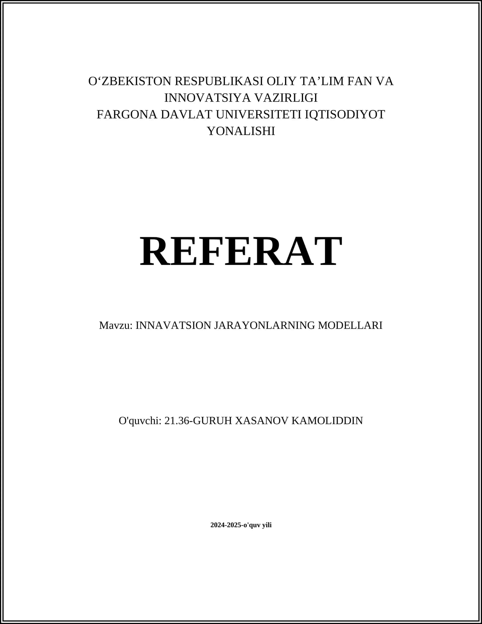 INNAVATSION JARAYONLARNING MODELLARI