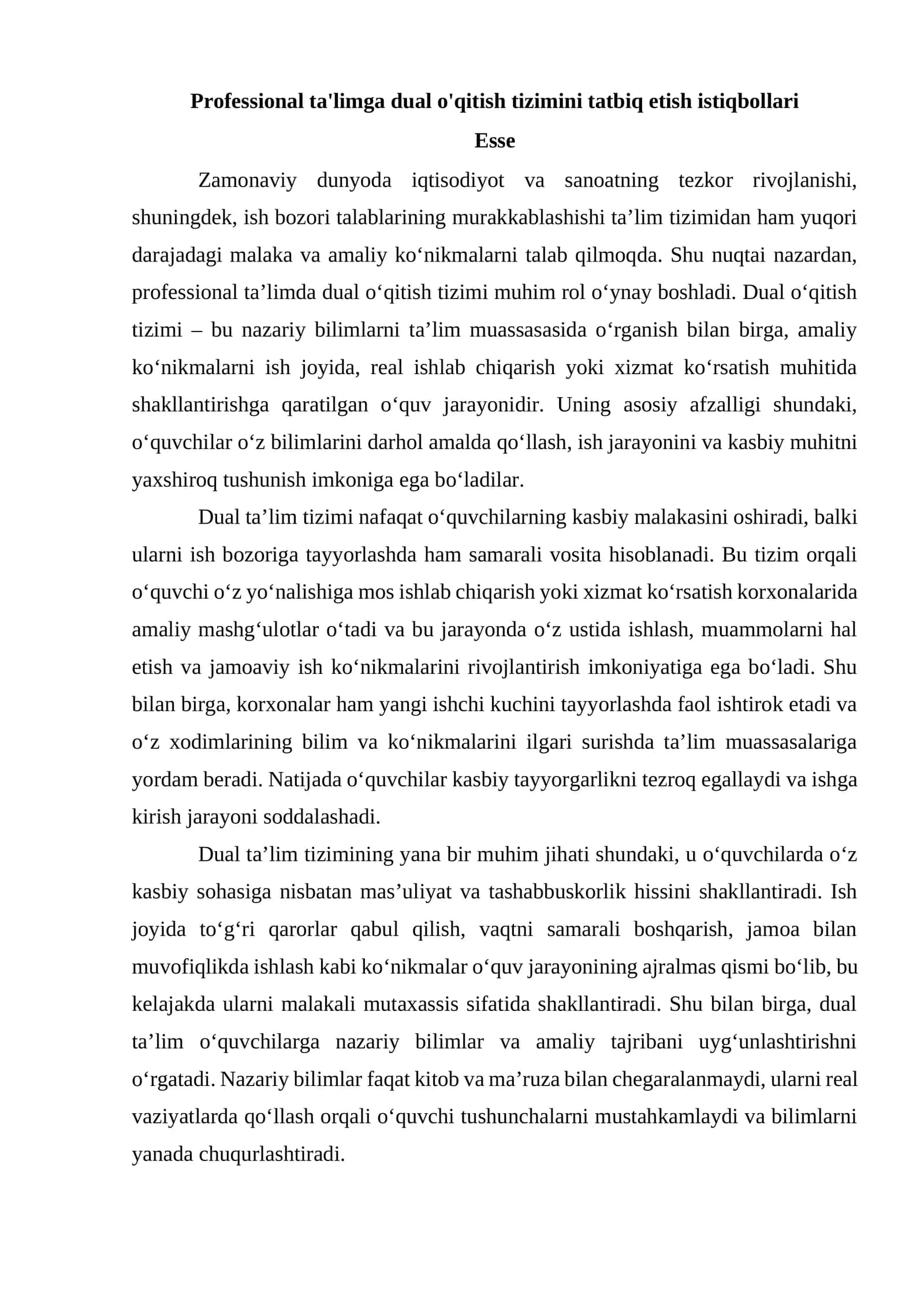 Professional ta'limga dual o'qitish tizimini tatbiq etish istiqbollari