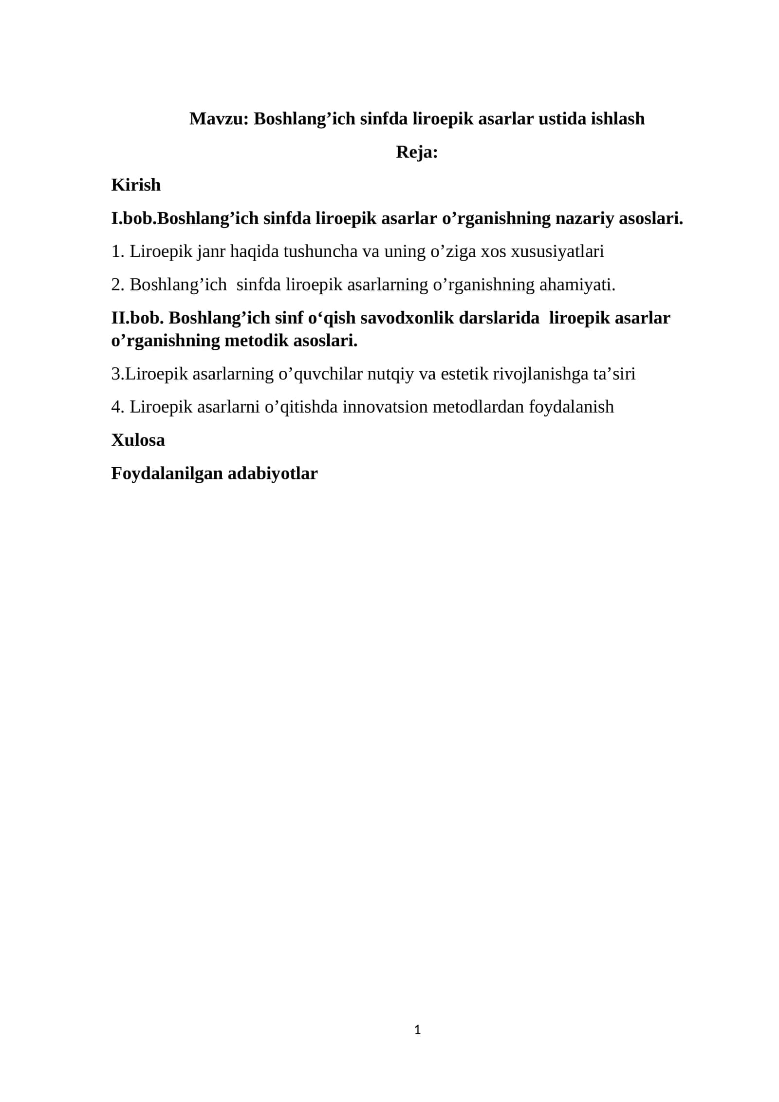 Boshlang’ich sinfda liroepik asarlar ustida ishlash