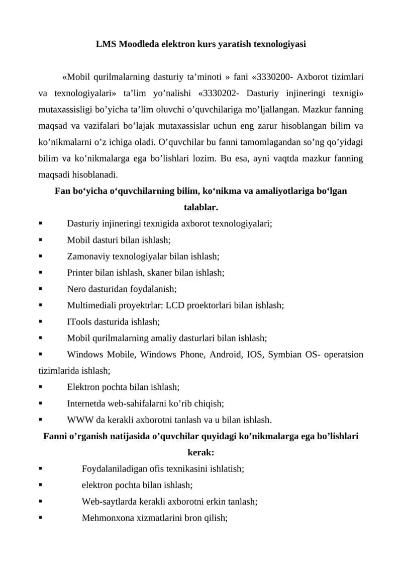 LMS Moodleda elektron kurs yaratish texnologiyasi