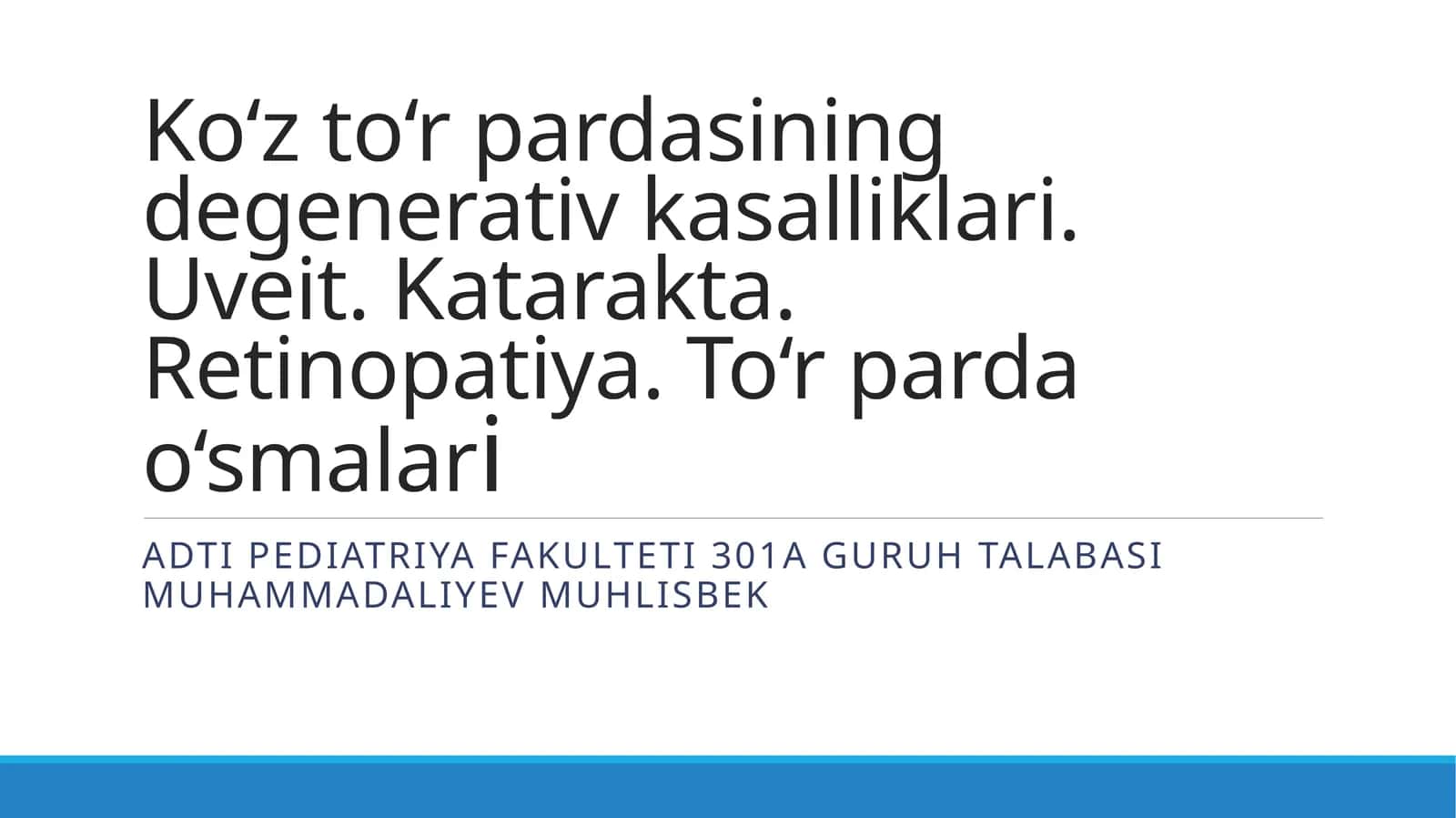 Ko‘z to‘rpardasining degenerativ kasalliklari. Uveit. Katarakta. Retinopatiya. To‘rparda o‘smalari