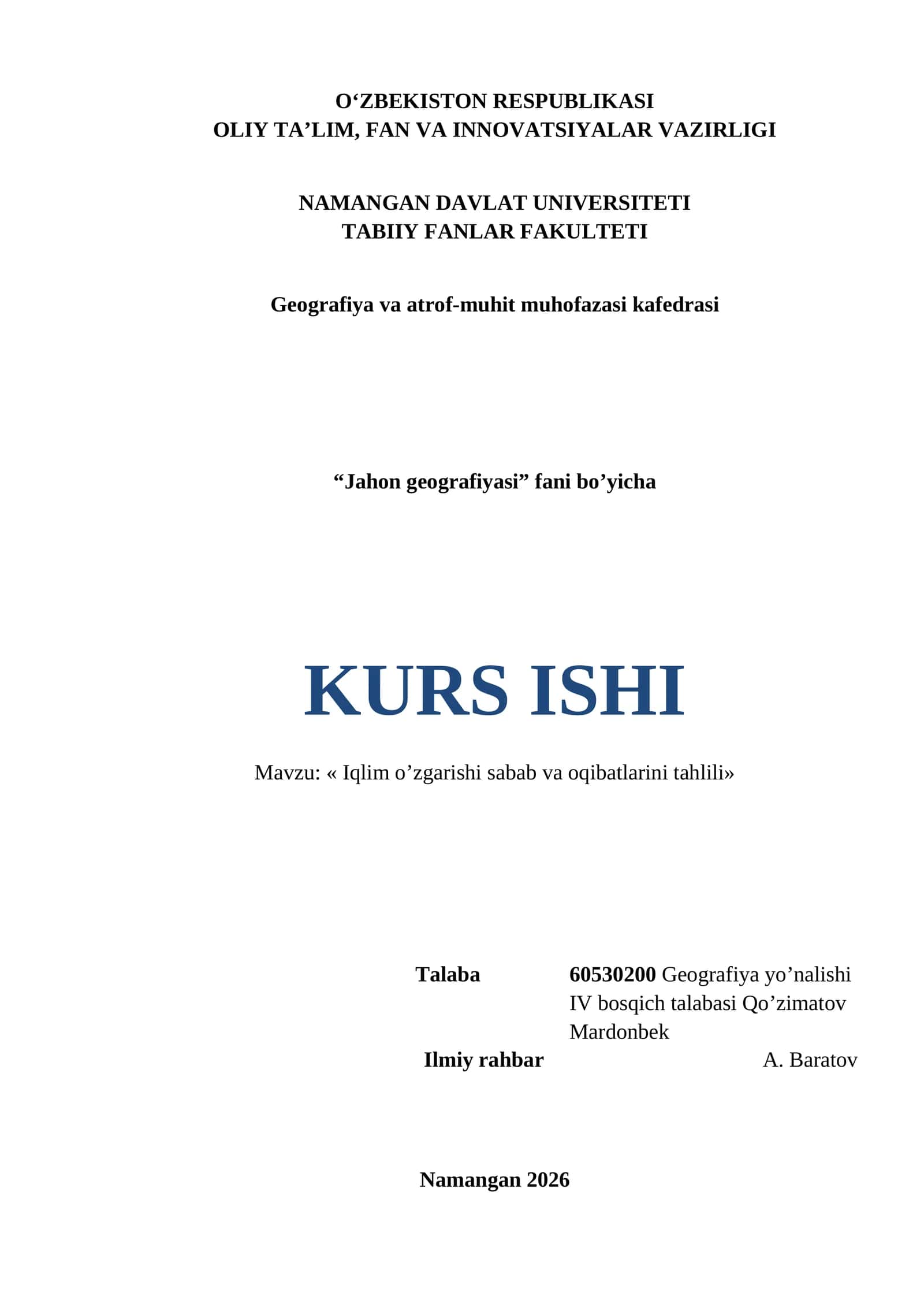 Iqlim o’zgarishi sabab va oqibatlarini tahlili