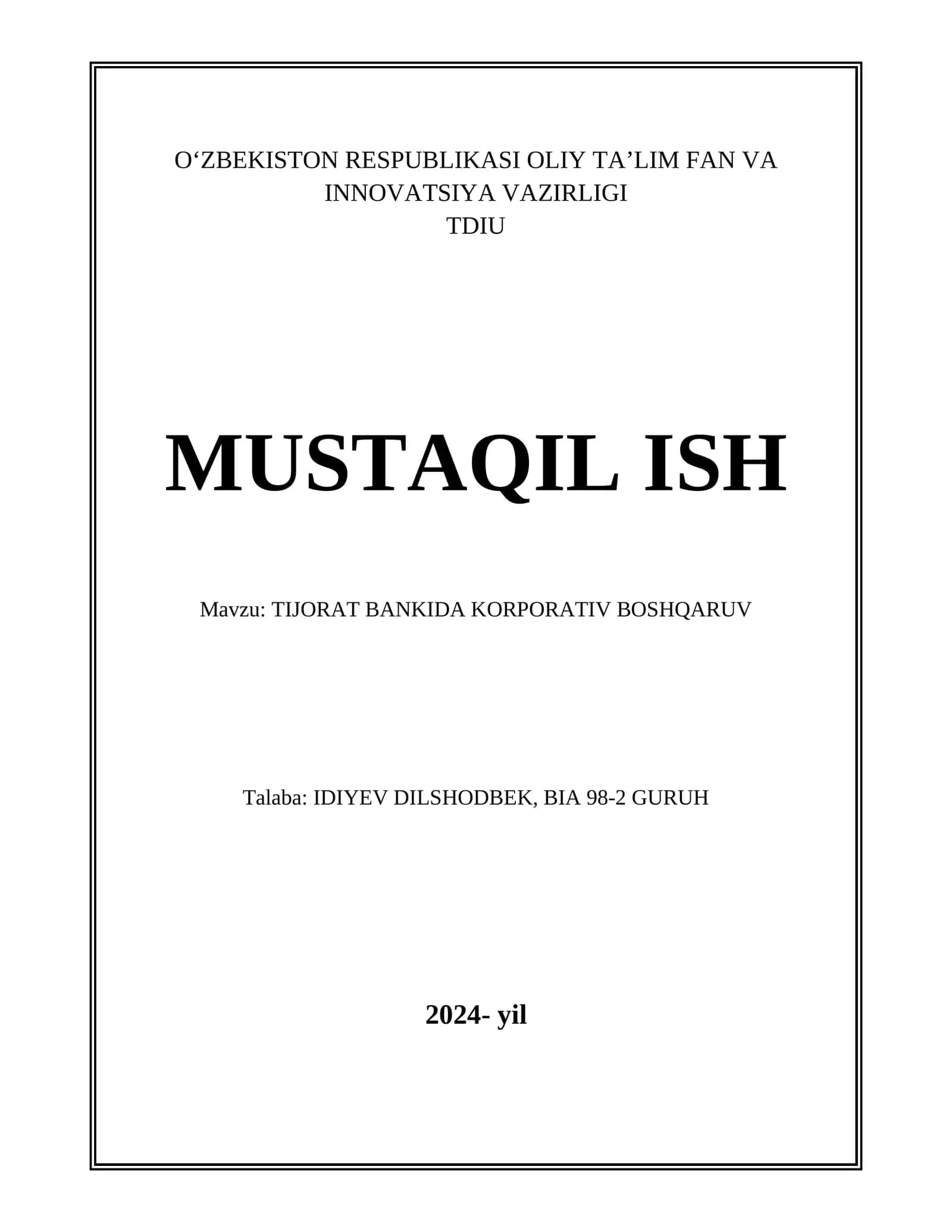 TIJORAT BANKIDA KORPORATIV BOSHQARUV