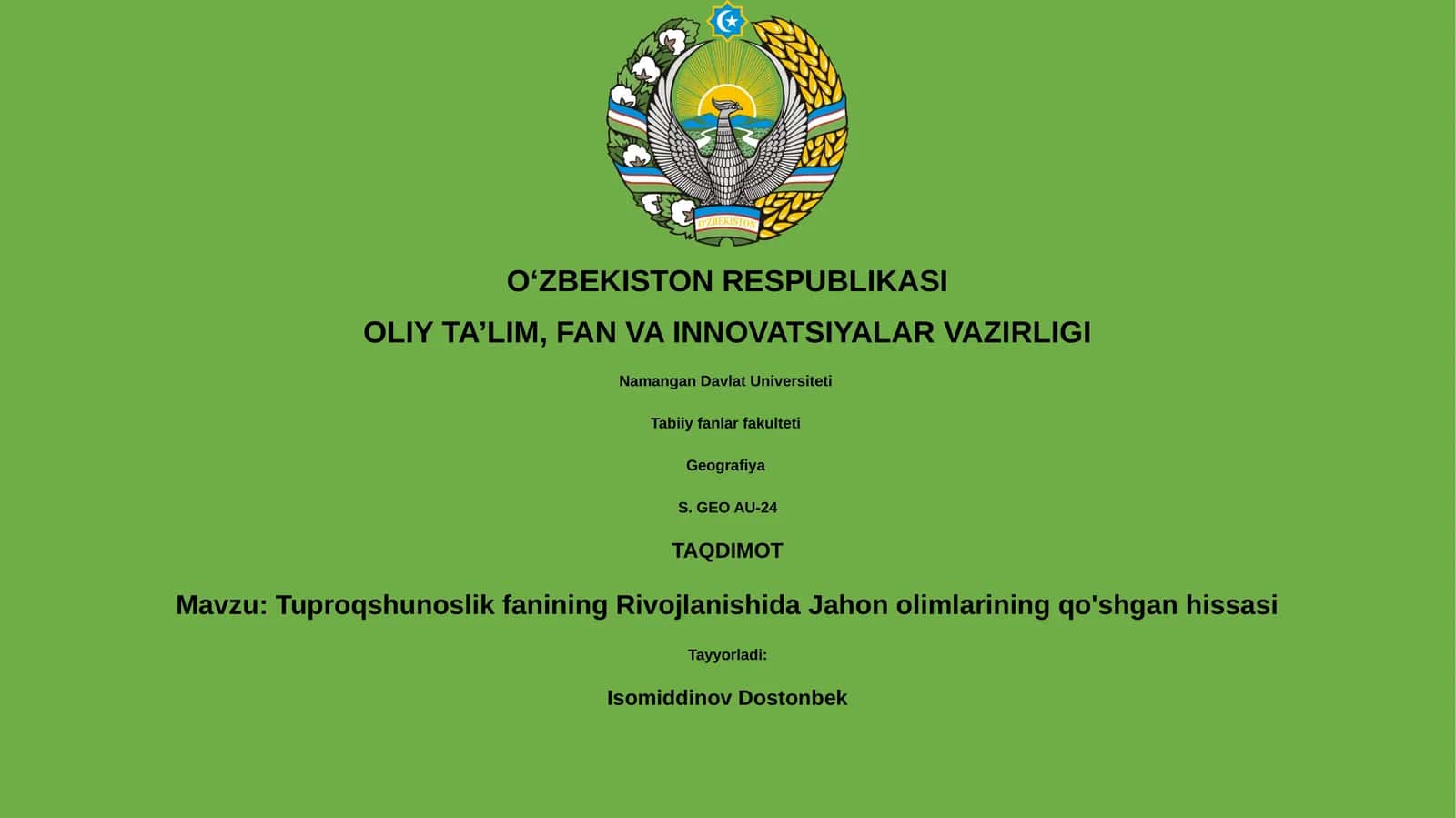 Tuproqshunoslik fanining Rivojlanishida Jahon olimlarining qo'shgan hissasi