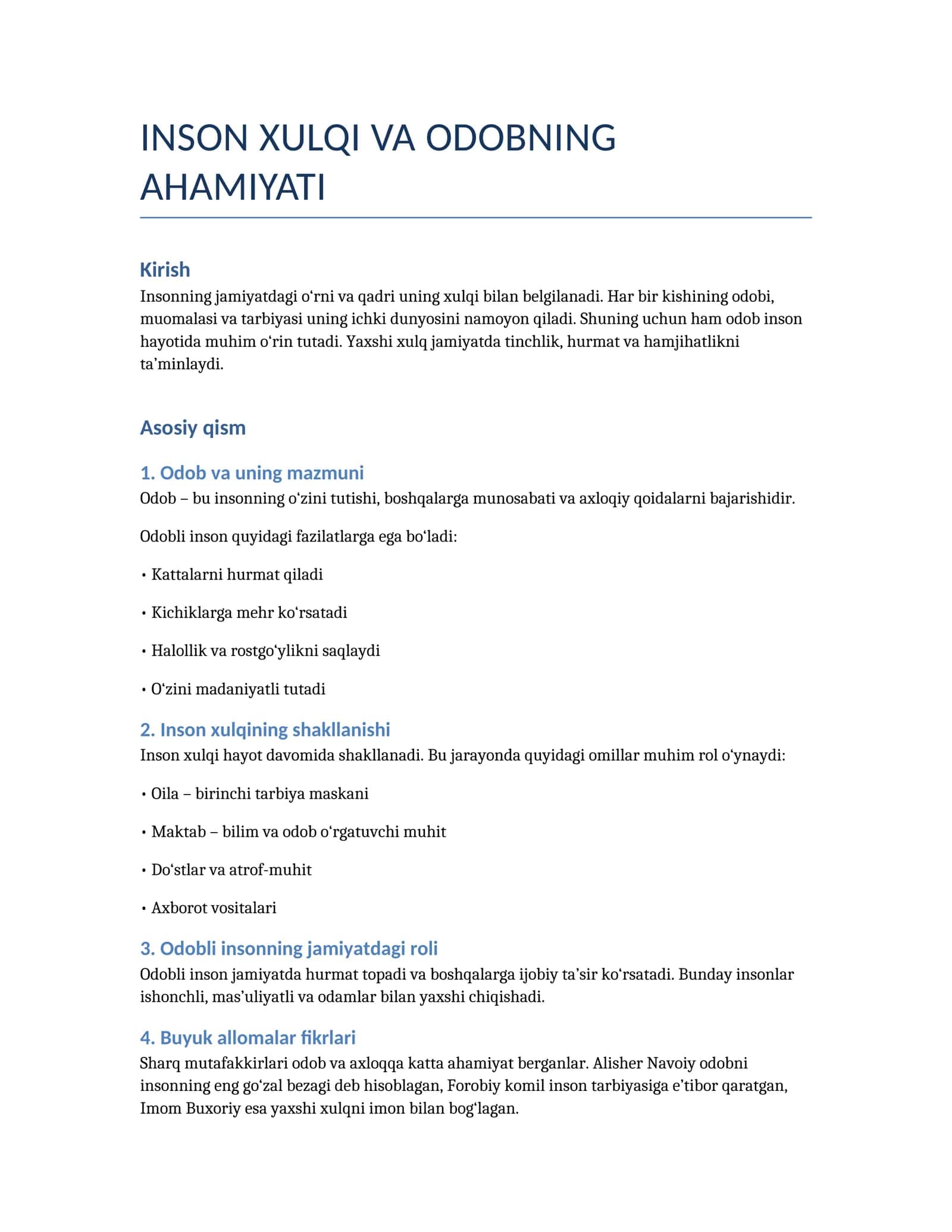 INSON XULQI VA ODOBNING AHAMIYATI