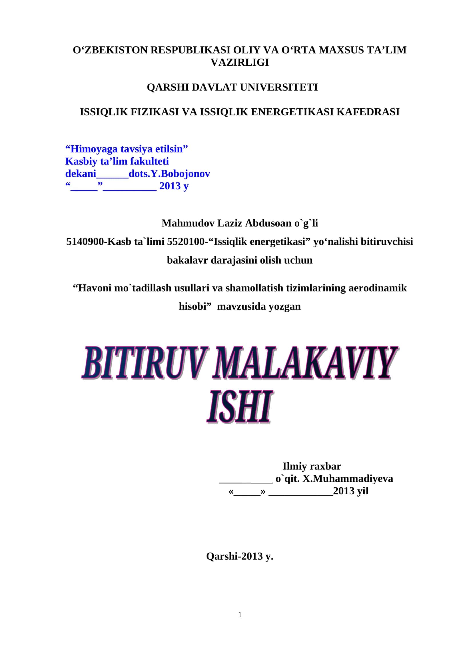 Havoni mo`tadillash usullari va shamollatish tizimlarining aerodinamik hisobi