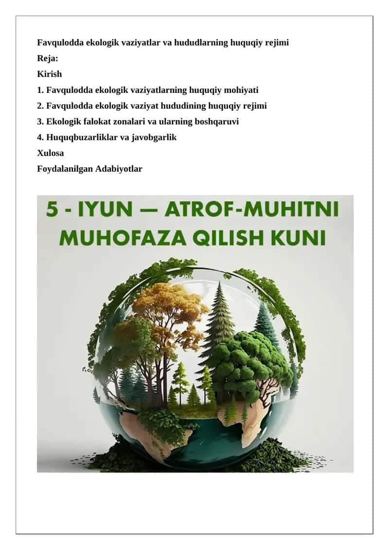 Favqulodda ekologik vaziyatlar va hududlarning huquqiy rejimi