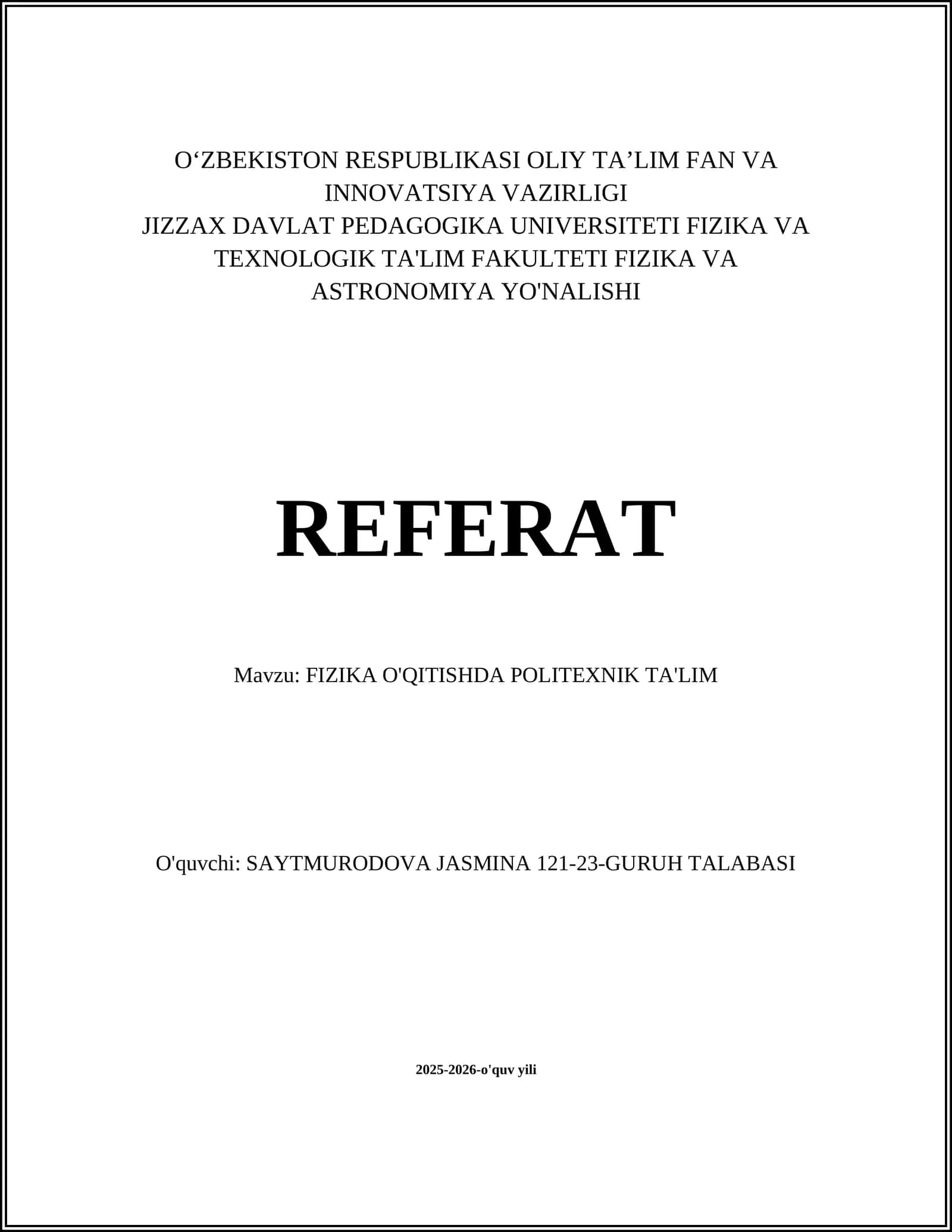 FIZIKA O'QITISHDA POLITEXNIK TA'LIM