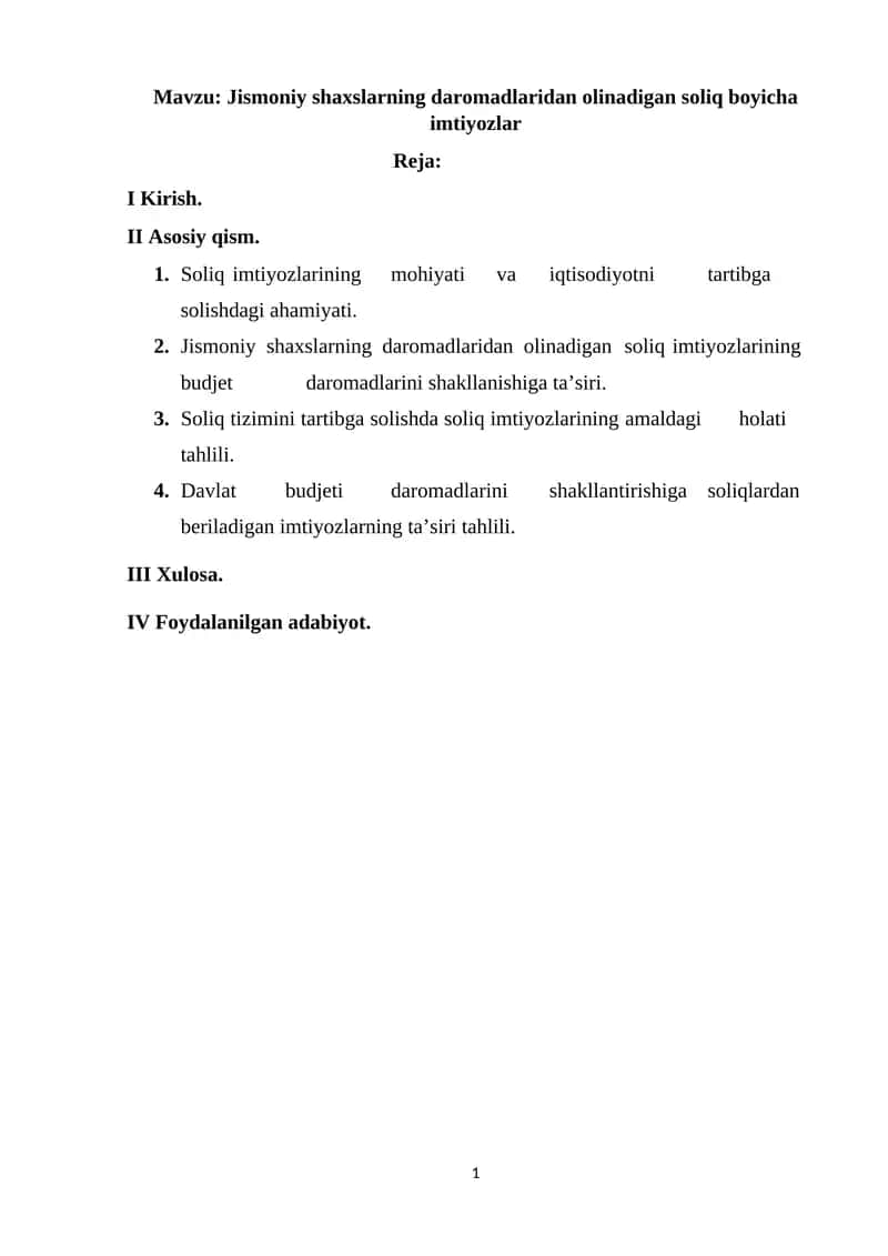 Soliq imtiyozlarining amaldagi holati tahlili