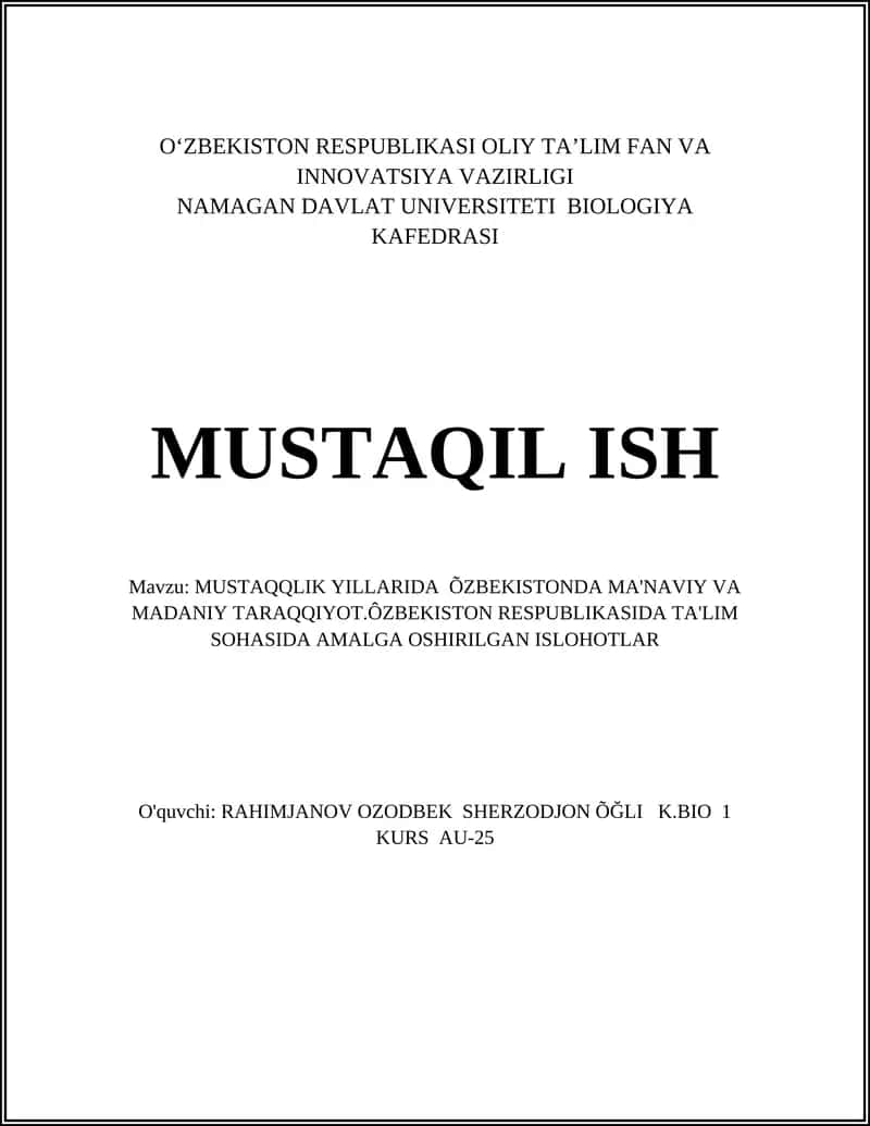 MUSTAQQLIK YILLARIDA ÕZBEKISTONDA MA'NAVIY VA MADANIY TARAQQIYOT