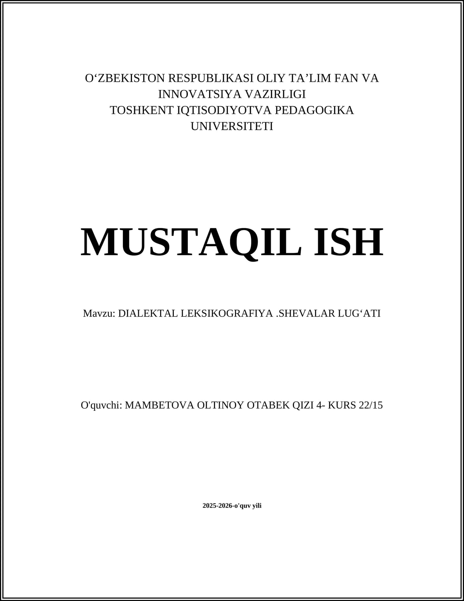 DIALEKTAL LEKSIKOGRAFIYA.SHEVALAR LUGʻATI