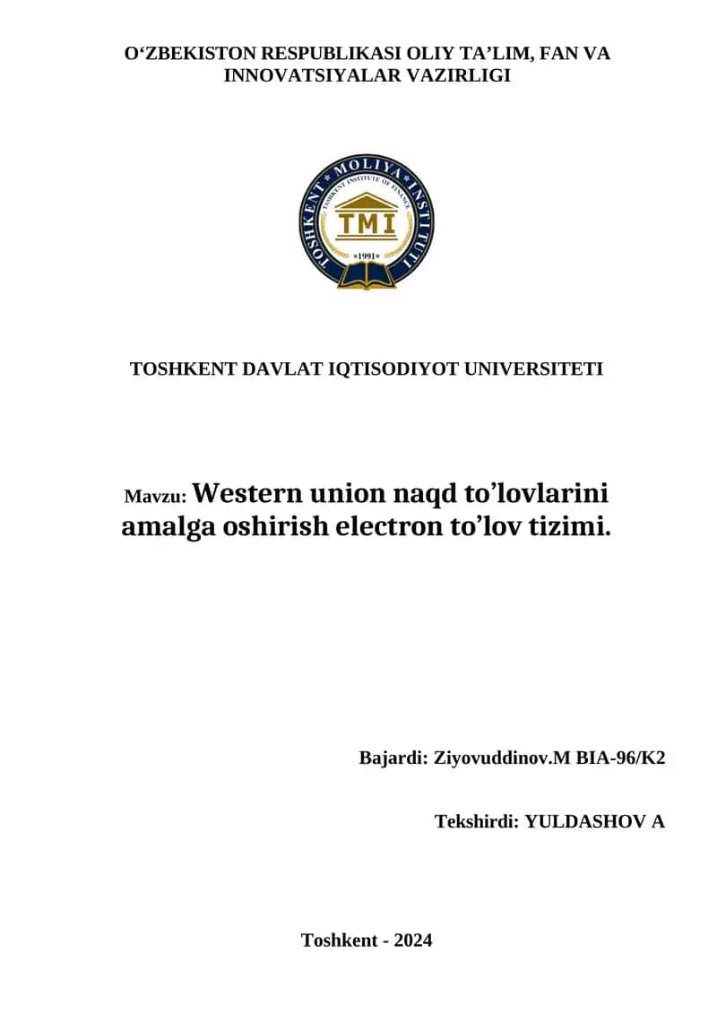 Western Union naqd to’lovlarini amalga oshirish electron to’lov tizimi