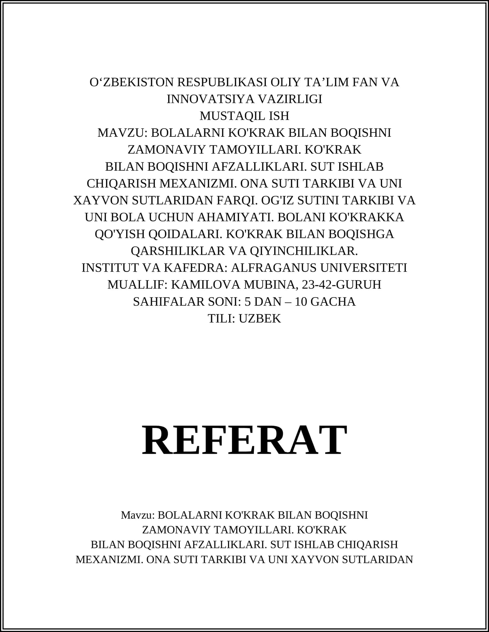 BOLALARNI KO'KRAK BILAN BOQISHNI