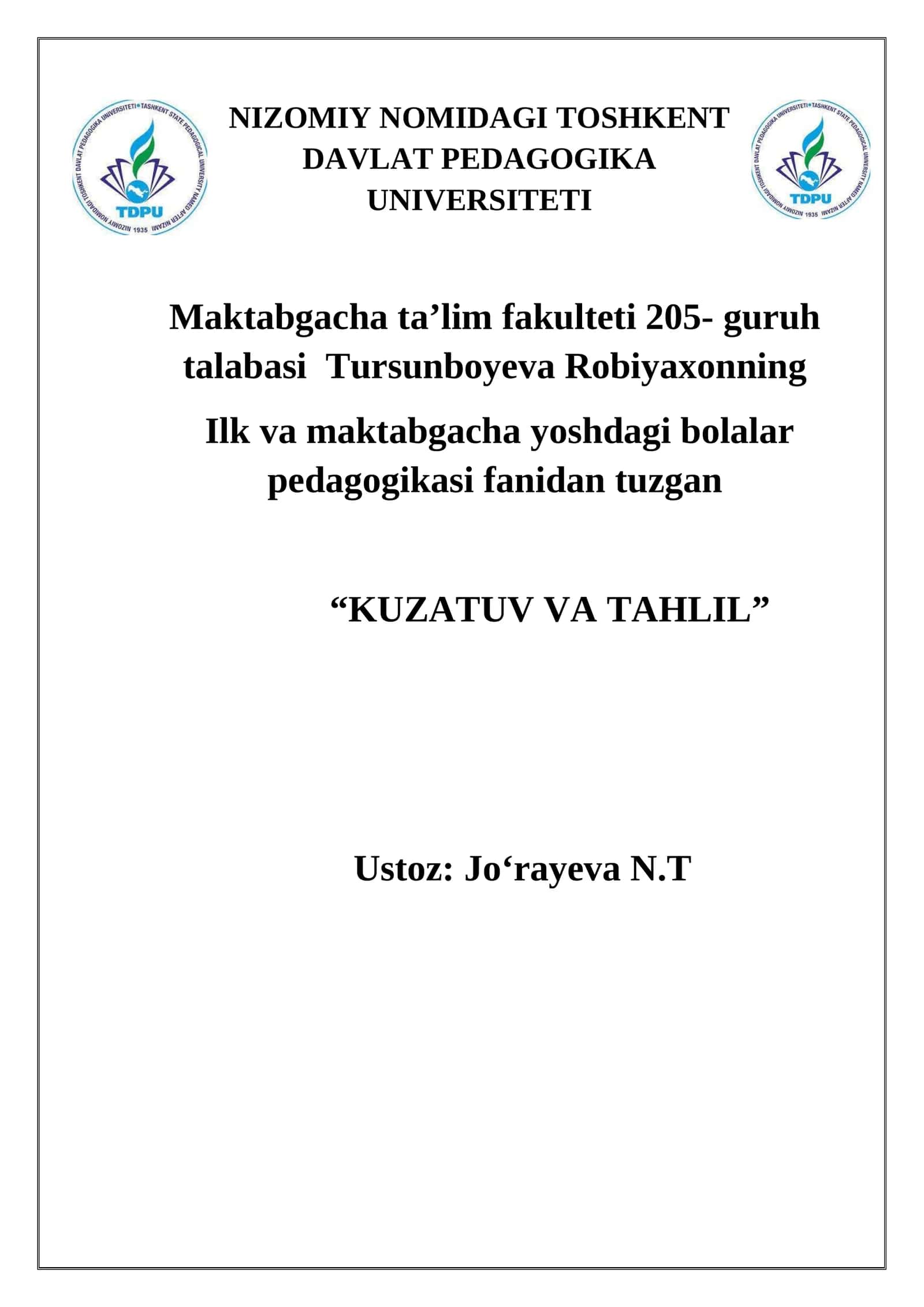 Toshkent Davlat Pedagogika Universiteti Kurs Ishi