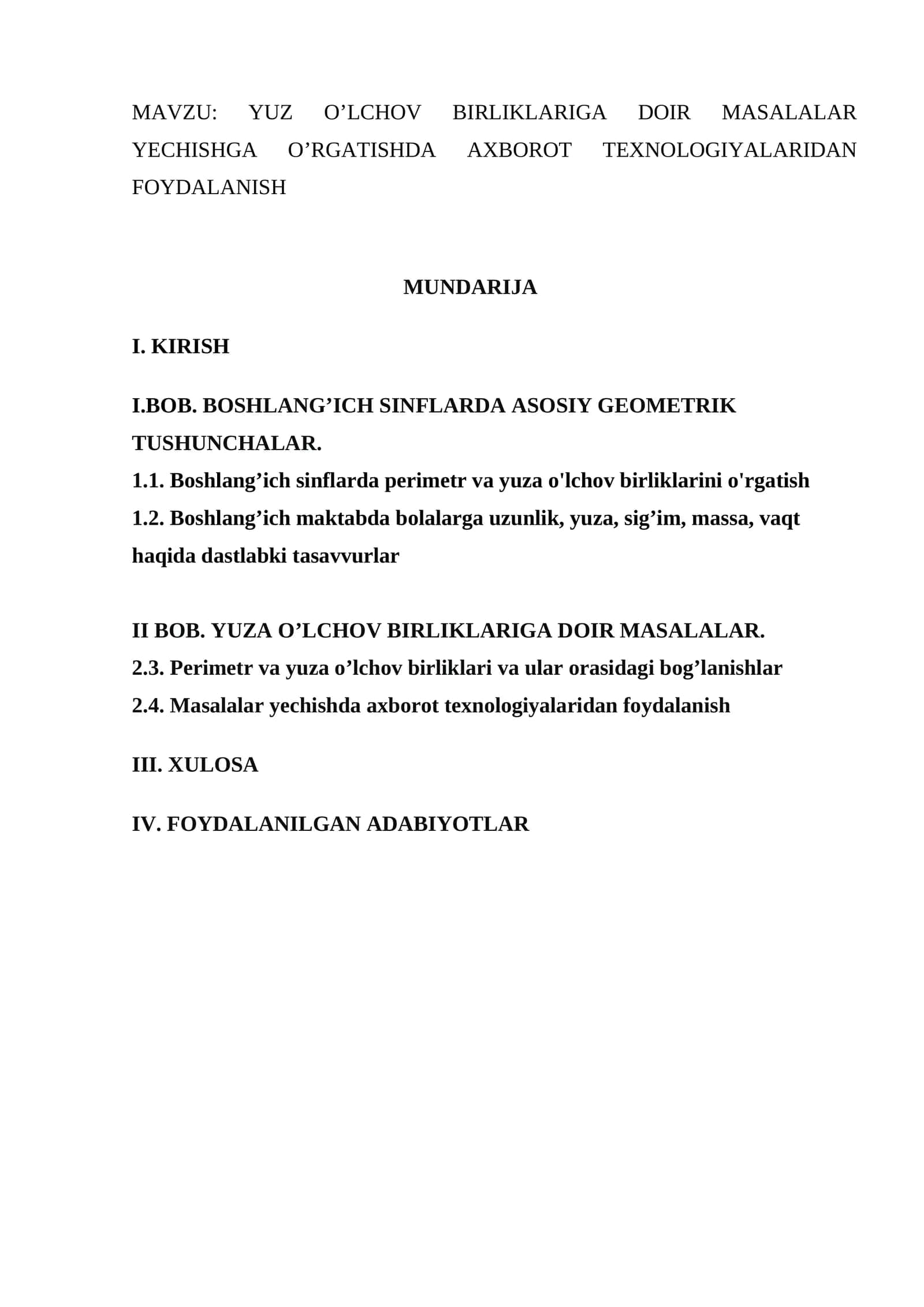 YUZ О’LCHОV BIRLIKLАRIGА DОIR MАSАLАLАR YECHISHGА О’RGАTISHDА АXBОRОT TEXNОLОGIYАLАRIDАN FОYDАLАNISH
