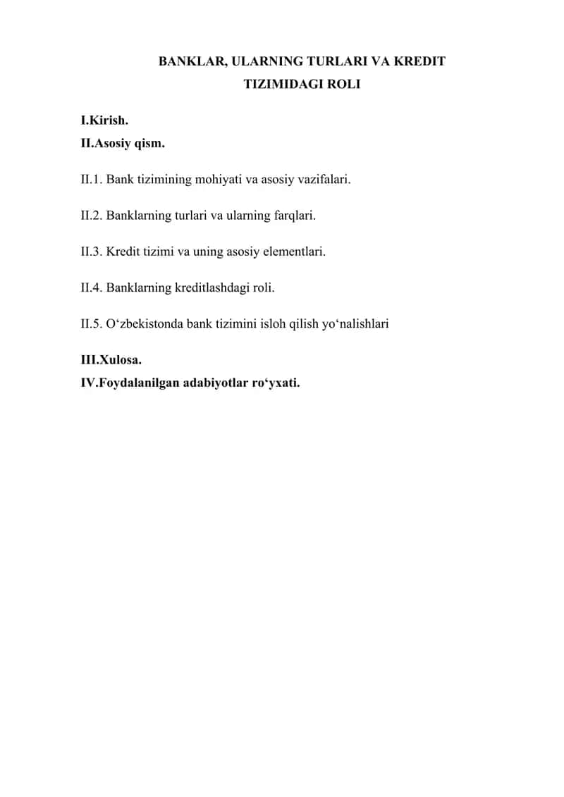 BANKLAR, ULARNING TURLARI VA KREDIT TIZIMIDAGI ROLI