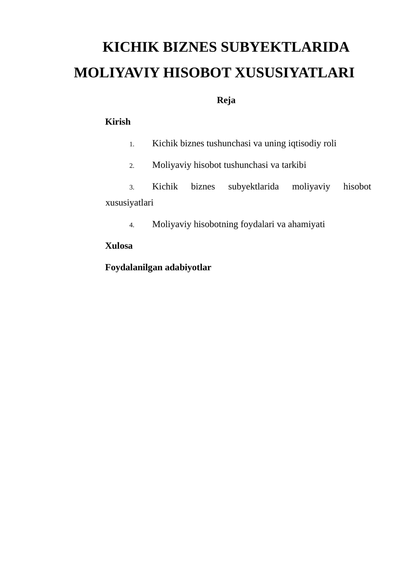 Kichik biznes subyektlarida moliyaviy hisobot xususiyatlari