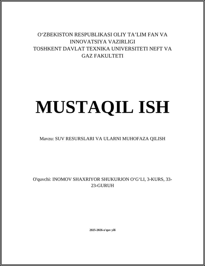 SUV RESURSLARI VA ULARNI MUHOFAZA QILISH