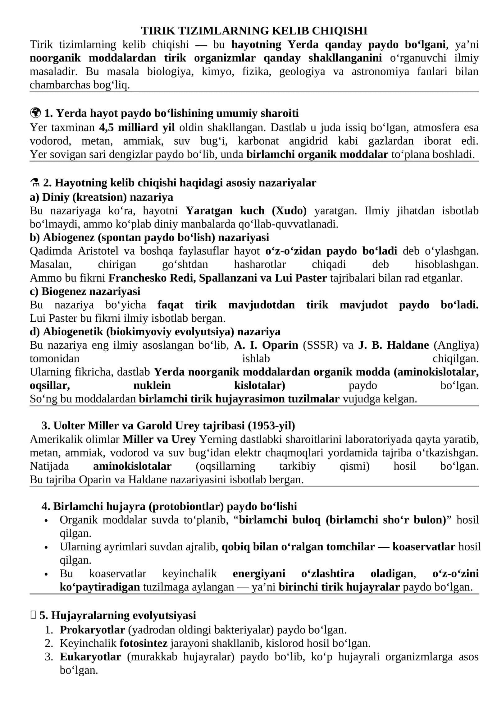 Tirik tizimlarning kelib chiqishi