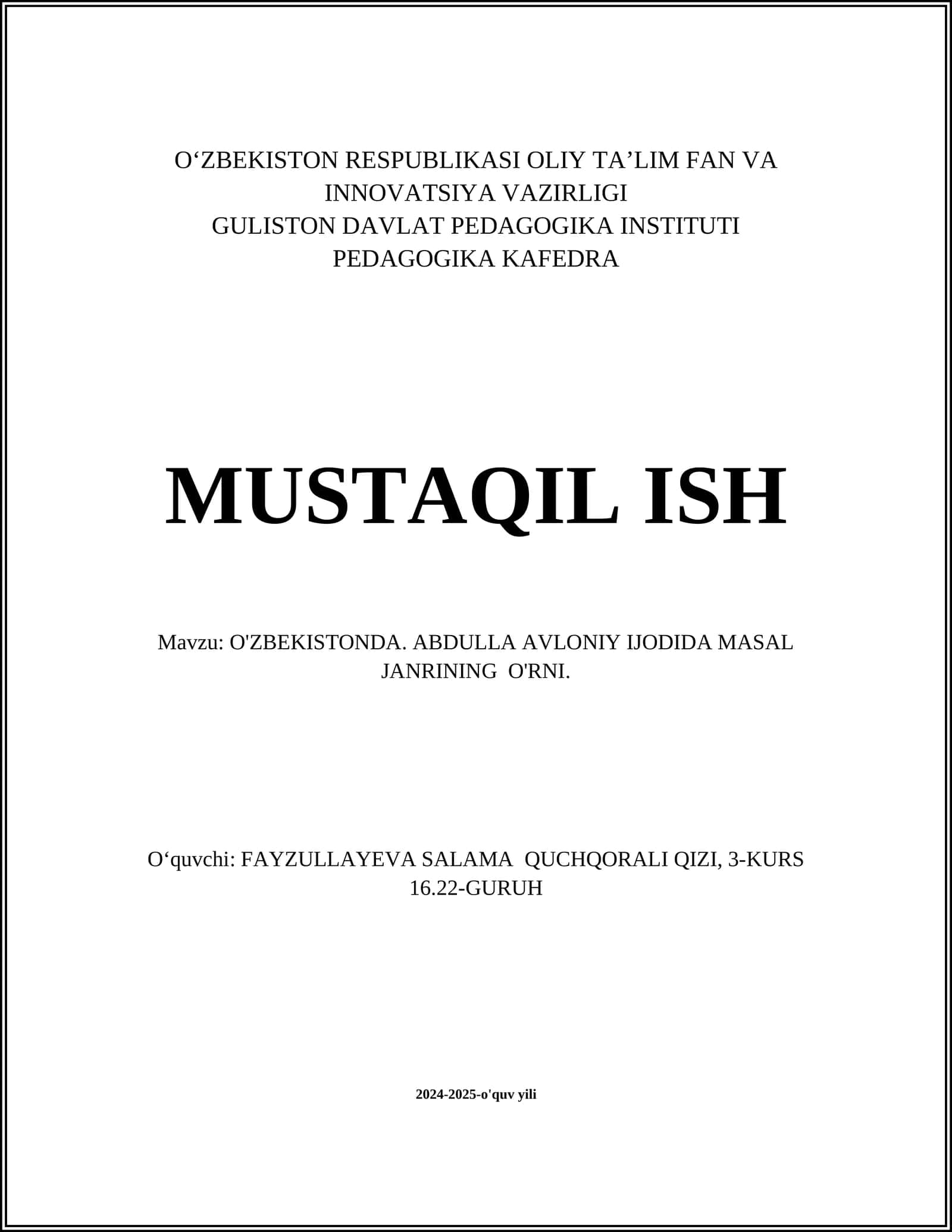O'ZBEKISTONDA. ABDULLA AVLONIY IJODIDA MASAL JANRINING O'RNI