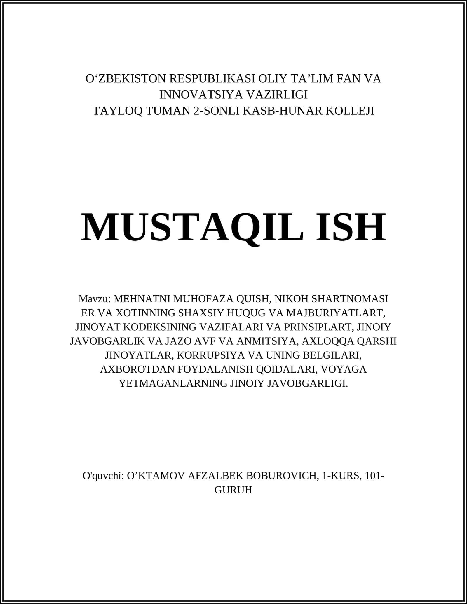 MEHNATNI MUHOFAZA QUISH, NIKOH SHARTNOMASI
