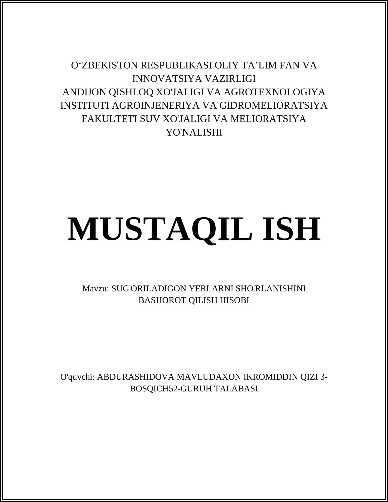 SUG'ORILADIGON YERLARNI SHO'RLANISHINI BASHOROT QILISH HISOBI