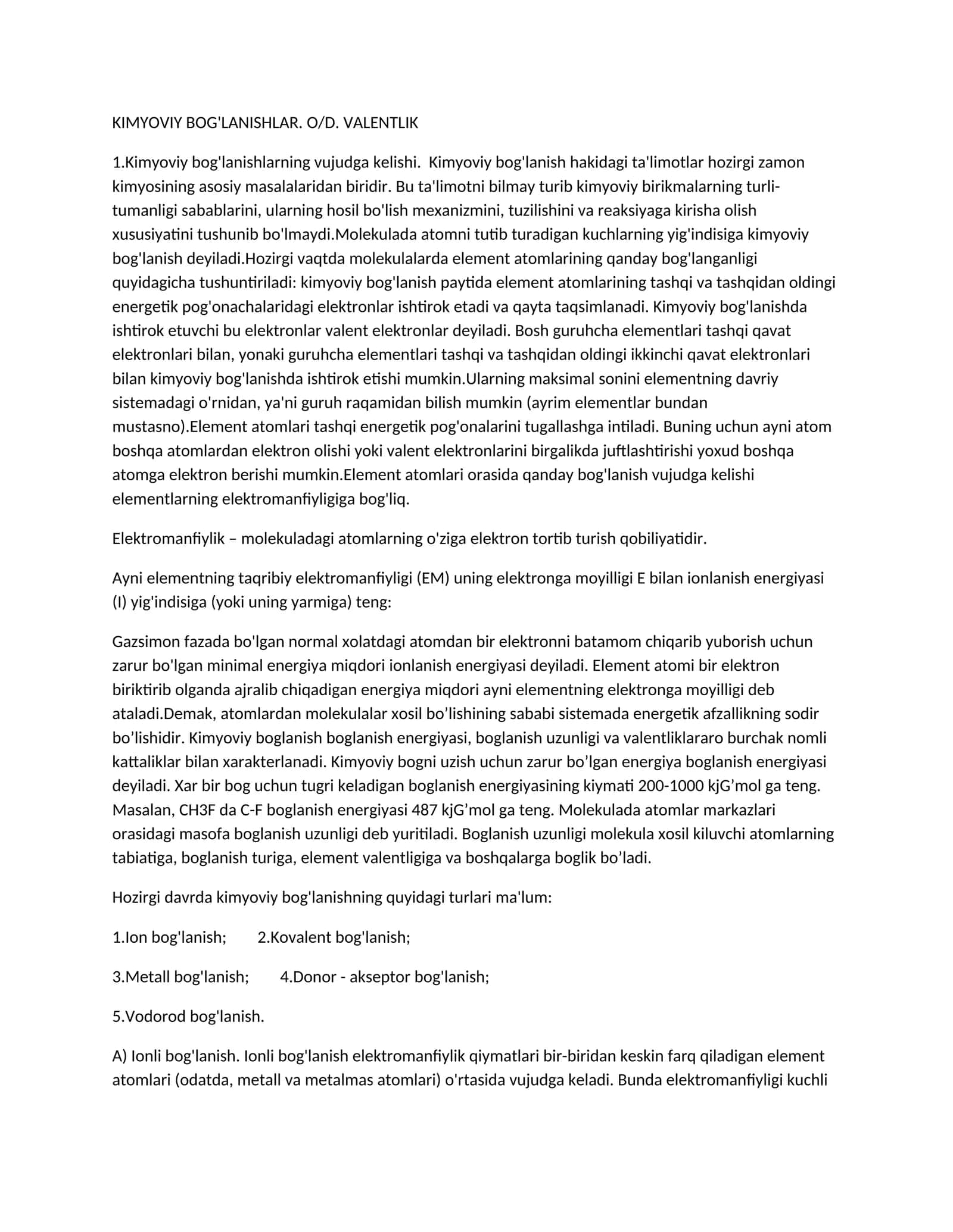 Kimyoviy bog'lanishlarning vujudga kelishi. O/D. VALENTLIK