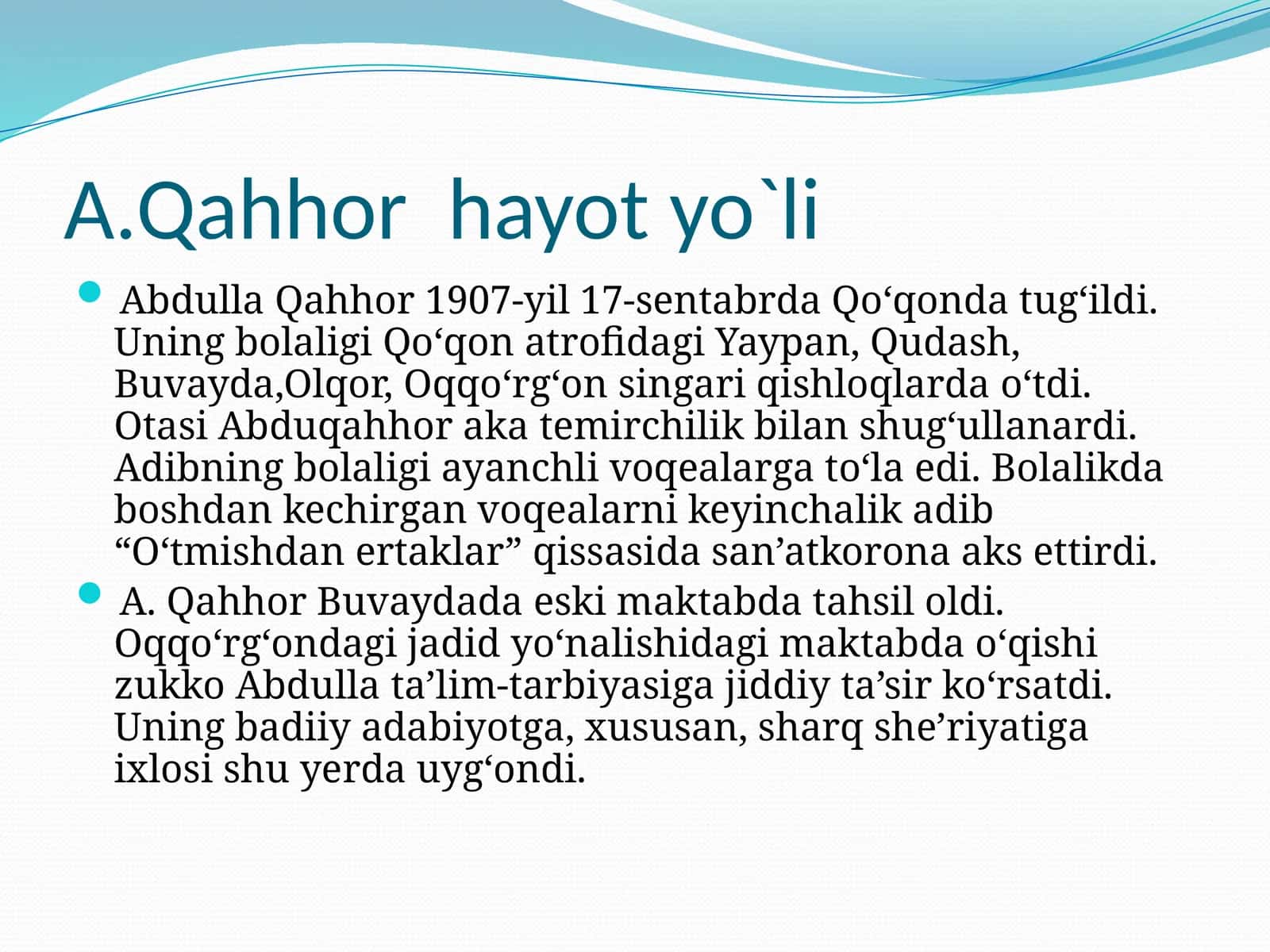 A.Qahhor hayot yo`li