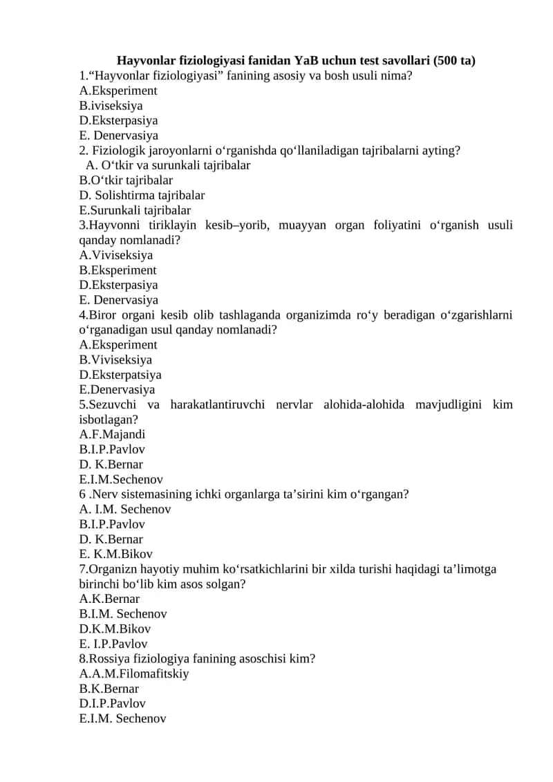 Hayvonlar fiziologiyasi fanidan YaB uchun test savollari (500 ta)
