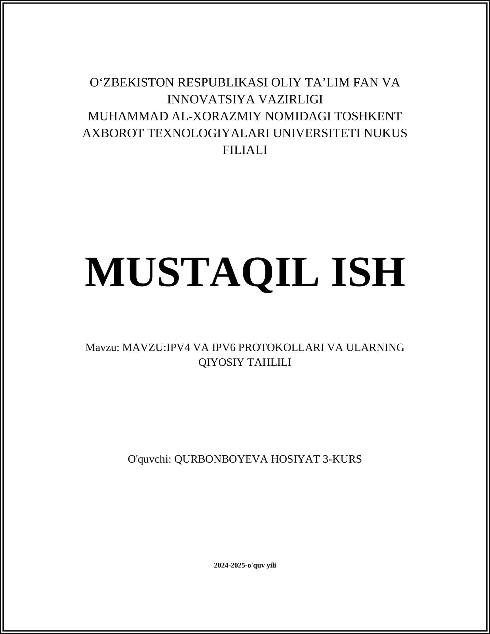 IPV4 VA IPV6 PROTOKOLLARI VA ULARNING QIYOSIY TAHLILI