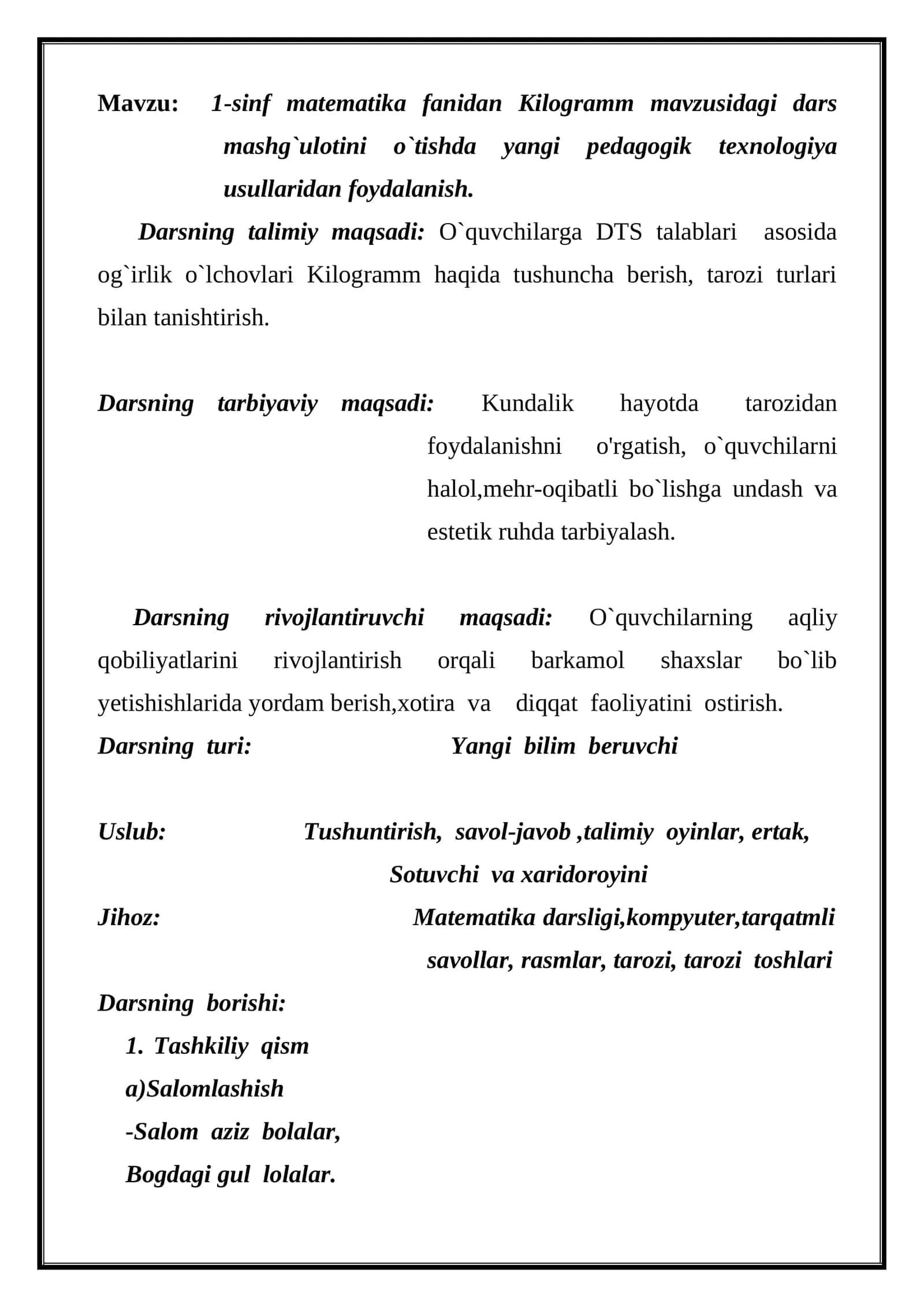 1-sinf matematika fanidan Kilogramm mavzusidagi dars mashg`uloti