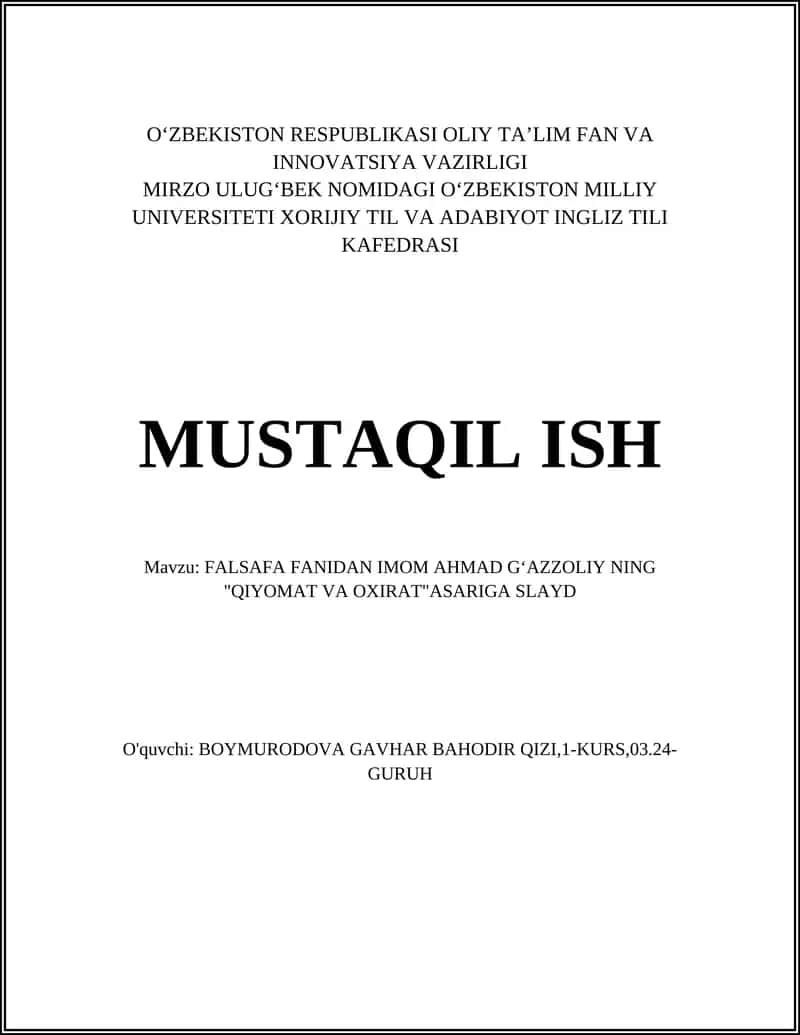 FALSAFA FANIDAN IMOM AHMAD GʻAZZOLIY NING "QIYOMAT VA OXIRAT"ASARIGA SLAYD