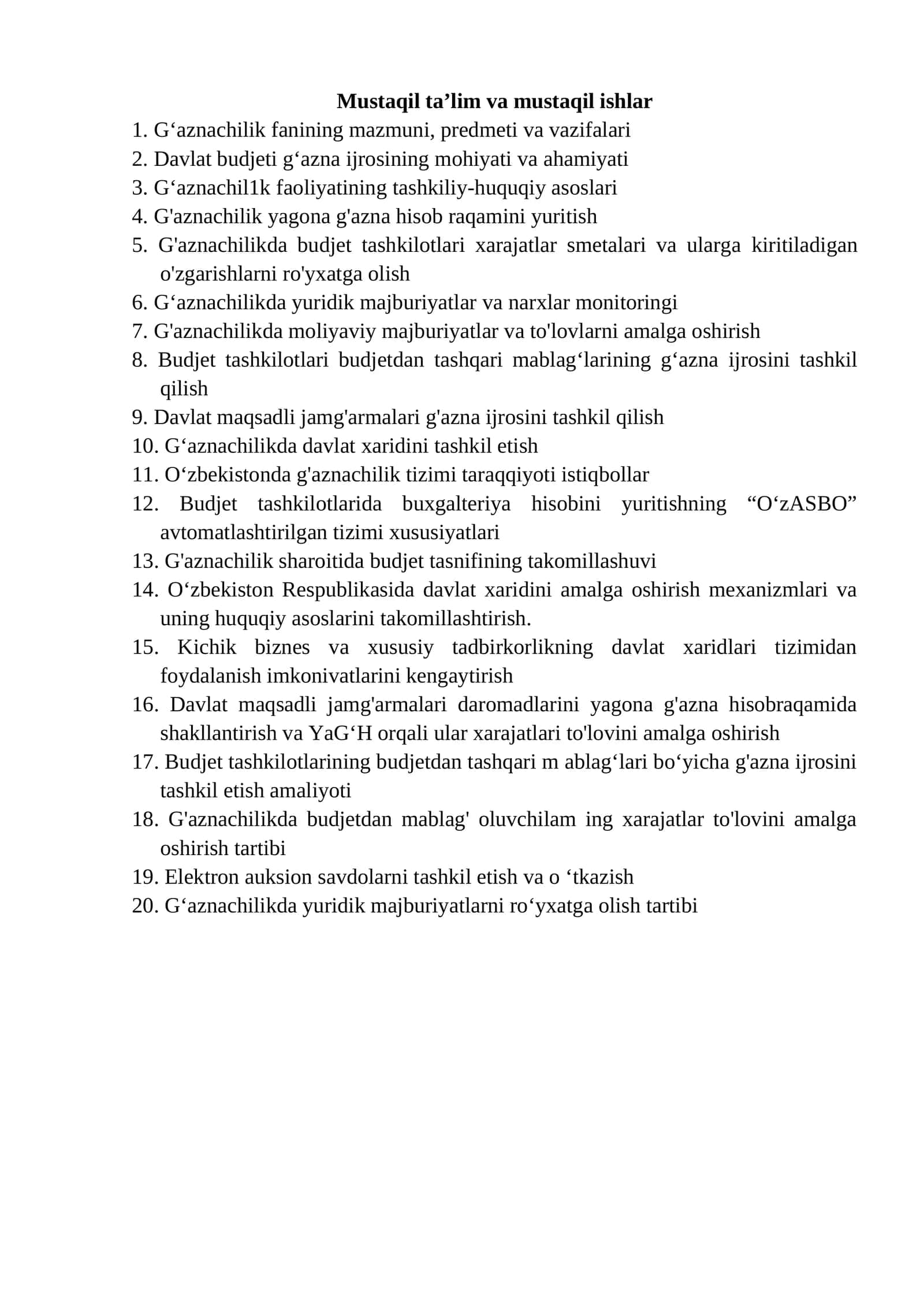 G'aznachilik fanining mazmuni, predmeti va vazifalari