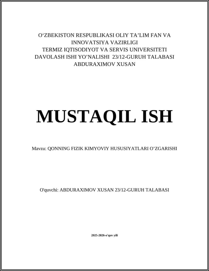Qonning fizik kimyoviy hususiyatleri o'zgarishi
