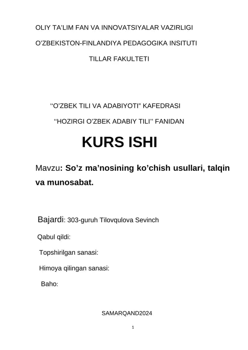 Kurs ishi "Ho'zirgi O'zbek adabiy tili"