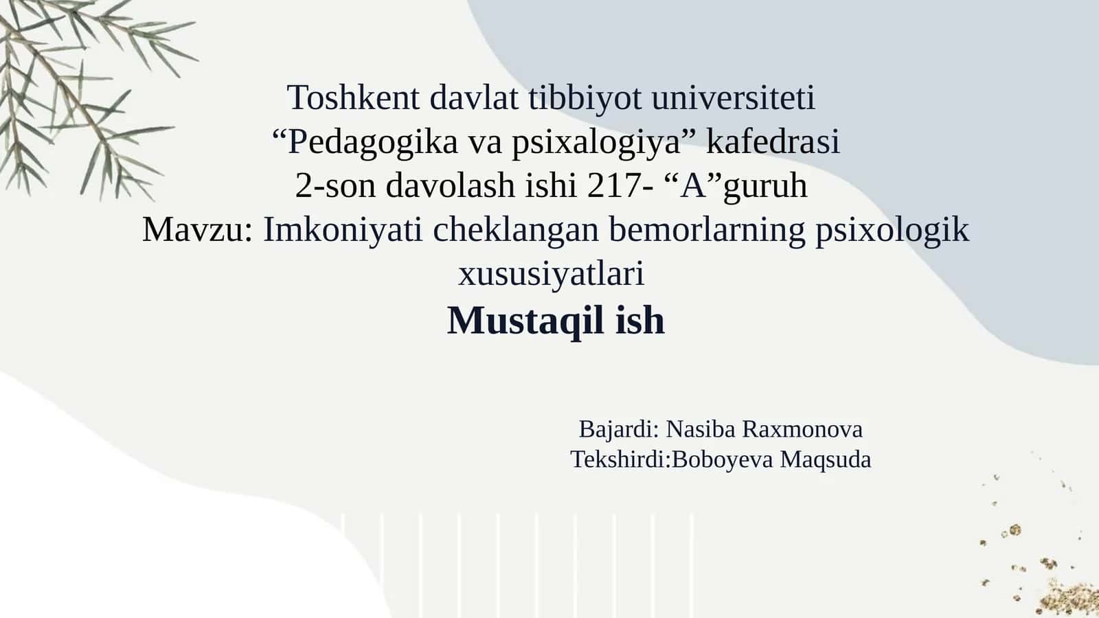 Imkoniyati cheklangan bemorlarning psixologik xususiyatlari
