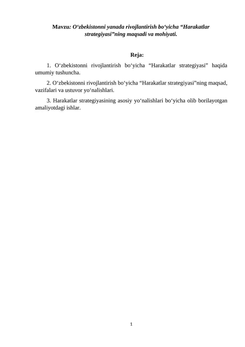 O‘zbekistonni yanada rivojlantirish bo‘yicha “Harakatlar strategiyasi”ning maqsadi va mohiyati