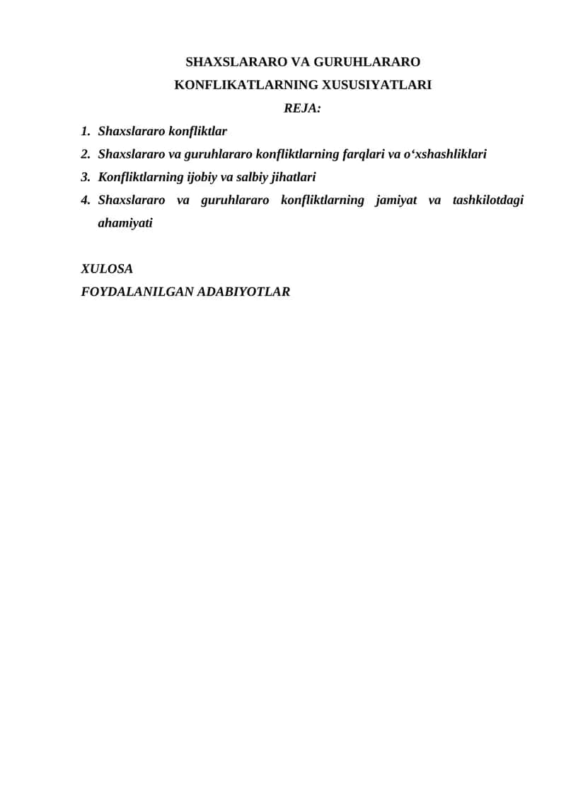 SHAXSLARARO VA GURUHLARARO KONFLIKATLARNING XUSUSIYATLARI